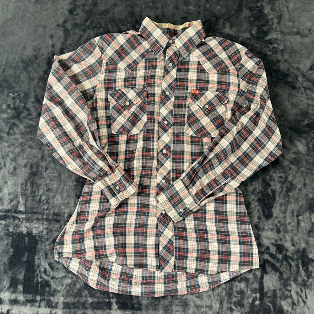 Ely Plains Western Pearl Snap Shirt Mens 15.5-33 Blue Red Plaid Long Sleeve